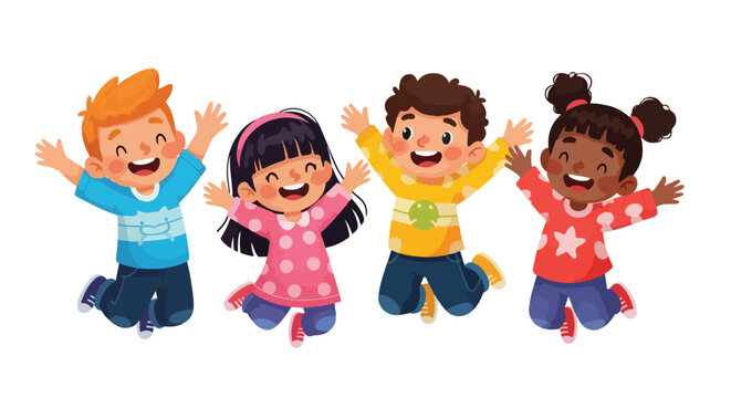 A colorful cartoon illustration of happy children jumping with cheerful expressions. Bright clothes, cute rounded shapes, vibrant colors, and a fun, energetic style on a white background.