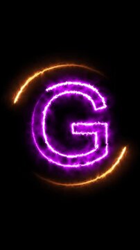Glowing Purple Letter G with Orange Arcs on animated Black Background alphabet light