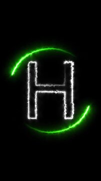 Bright animated White Letter H with Green Glowing Arcs on Black Background alphabet