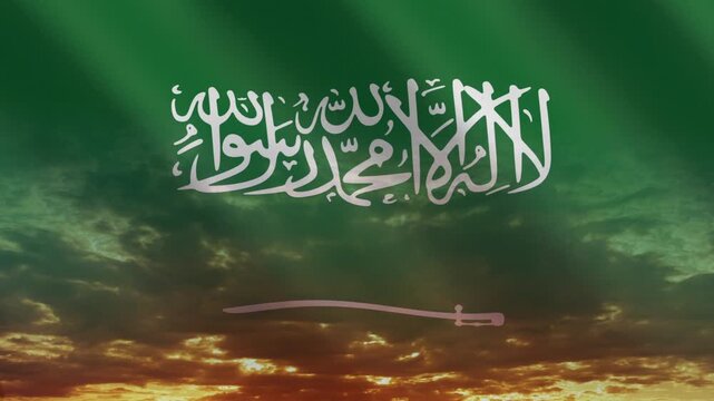 Flag of Saudi Arabia waving against a vibrant sunset, creating a patriotic and inspiring atmosphere with warm tones.