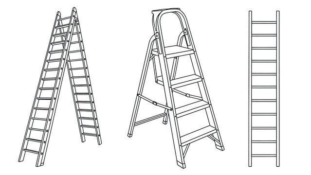 Line art of three ladders: left shows an A-frame ladder, middle has a stepladder with a platform, and right displays a simple straight ladder.