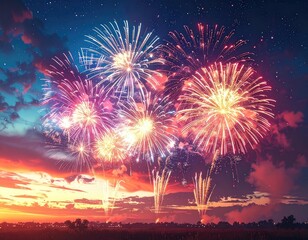 A spectacular display of vibrant fireworks exploding across a twilight sky above a silhouetted landscape.