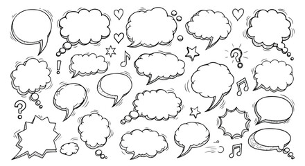 Fototapeta premium A hand-drawn set of doodle speech and thought bubbles in a sketchy black line style. Playful, minimal, and creative design on a white background