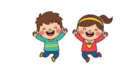 A cheerful illustration cute cartoon childrens jumping happily in a row. Bright colors, flat vector style, simple shapes, clean outlines, and a fun, child-friendly design.