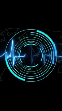 Blue Heartbeat EKG Pulse Line on World Map animated Background within Concentric Circles electrocardiogram