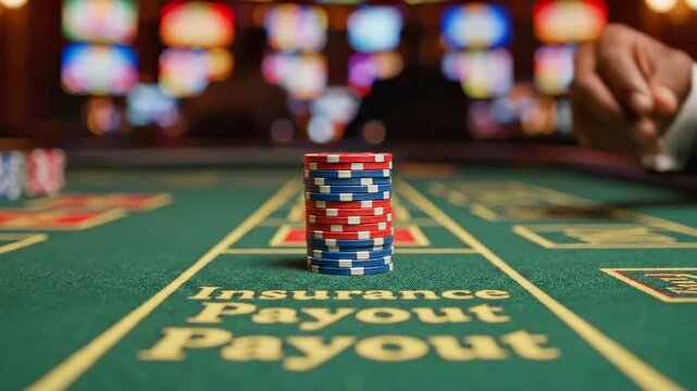 Closeup of hand arranging casino chips - Person organizing payout chips on green felt in casino - Detailed view of hand collecting chips after winning insurance payout in casino setting