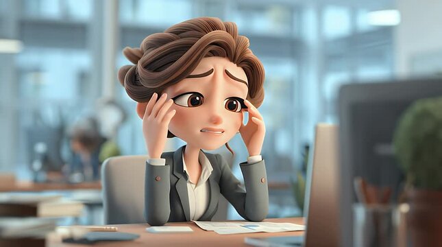 A computer-generated cartoon image of a stressed woman sitting at a desk