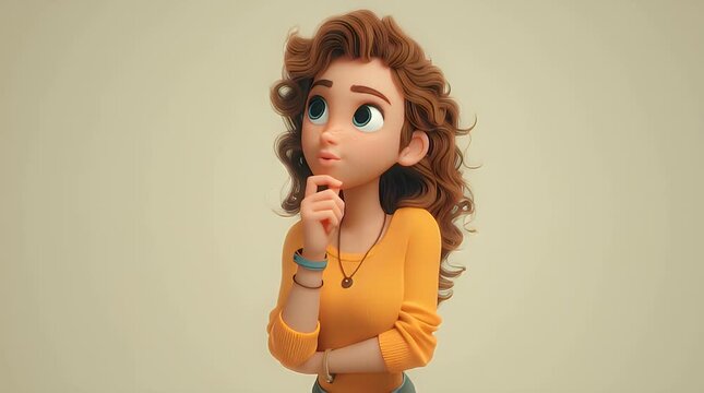 A computer-generated cartoon of a puzzled female character with curly brown hair and orange shirt peeking over a surface