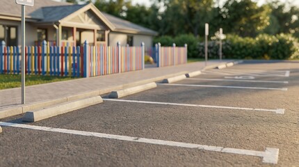 Road signs in a parking lot with colorful fence and greenery, showcasing an organized space for vehicles, emphasizing safety and accessibility in urban environments