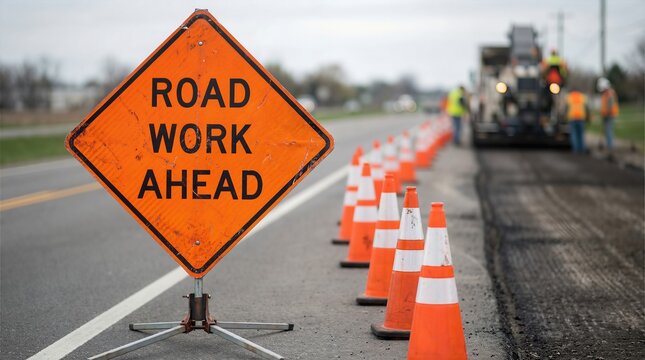Road work ahead sign stands prominently on roadside, surrounded by orange traffic cones, indicating construction activity and alerting drivers to upcoming road maintenance