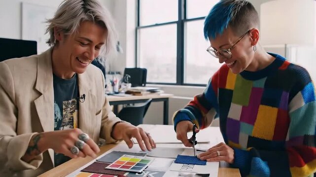 designers reviewing color swatches at workspace - collaborative moodboard session with print and fabric samples - palette charts and layout proofs - hands pointing and selecting - lightfilled