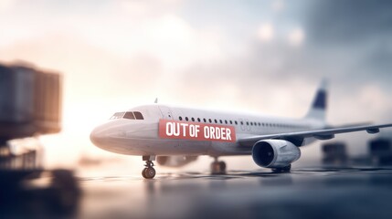 Obraz premium Airplane model with an Out of Order sign displayed prominently, set against a blurred airport background, symbolizing travel disruptions and delays