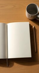 Top Down View of Open Blank Notebook on Wooden Desk