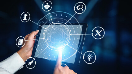 Obraz premium Innovation icons show creativity, teamwork, and project development. Innovation helps organizations design solutions, build strategy, and grow with new business opportunities. Gist