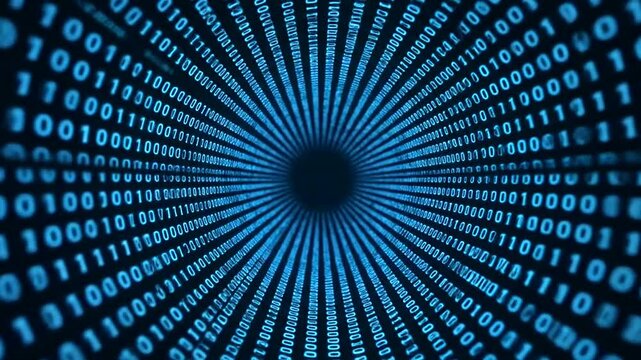 Binary code tunnel with blue digits and central void.