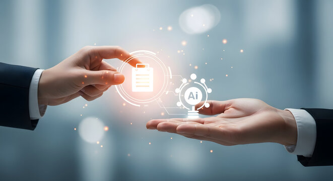 Hand passing a digital task icon to an AI symbol, light blur background, minimal workflow delegation concept