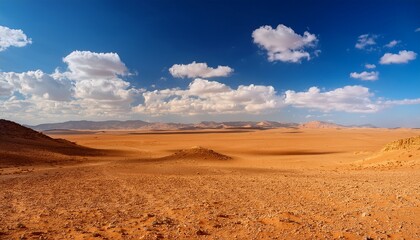 Naklejka premium A Vast Golden Desert Landscape Under A Bright Blue Sky With Fluffy White Clouds