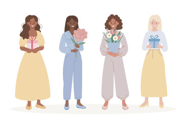 Obraz premium Diverse Women Standing with Flowers and Gifts