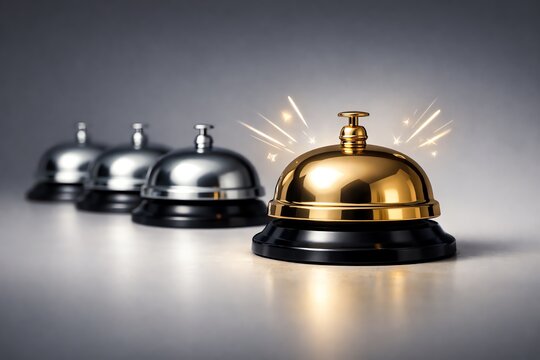 Four desk bells aligned in a row, with the foremost one being gold and the rest silver, creating a sleek and modern visual.