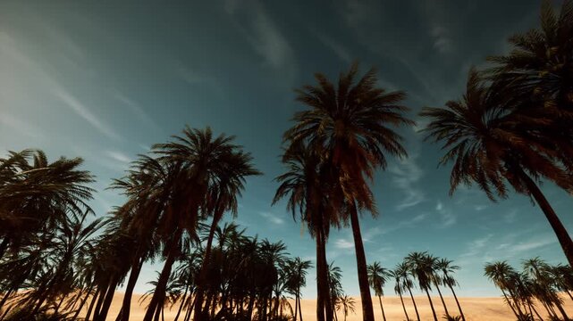 wide palm silhouettes at sunset horizon, panoramic lowangle capturing tall trunks and fronds, deep teal sky streaked with cirrus clouds, slow rhythmic sway