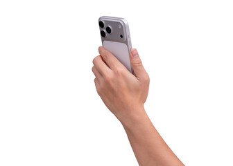 Rear view of hand holding smartphone mockup isolated on transparent background. Back side of mobile phone mockup for copy space.