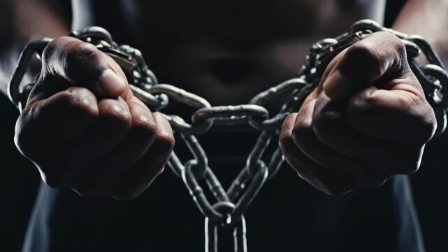 Closeup of fists clenched in heavy metal chains against dark background
