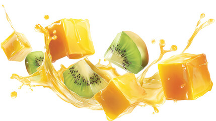 Obraz premium Floating cubes of tropical fruits with juice splash