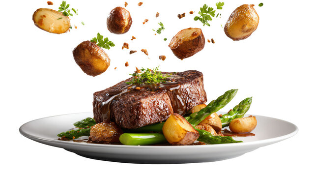 Creative food presentation of grilled steak, roasted potatoes, and asparagus with herbs and sauce splash on white background.