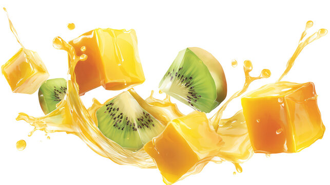 Floating cubes of tropical fruits with juice splash