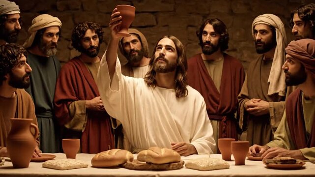 Jesus and disciples with solemn mood sharing bread and wine at table background