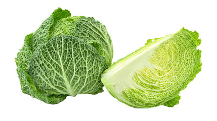 Fototapeta premium Two whole savoy cabbages and one cut wedge isolated on white background.