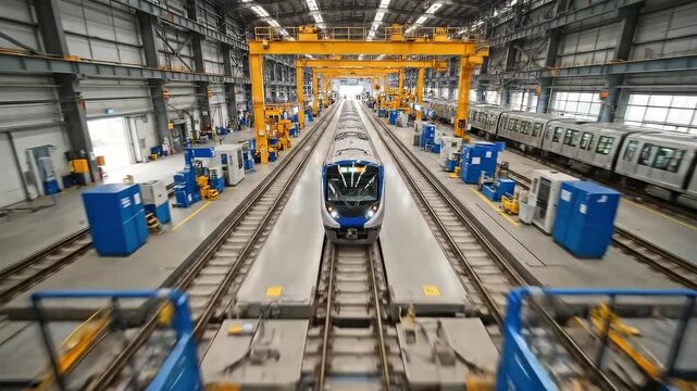 blue train front in workshop with engineers performing diagnostics and calibration - motion blur closeups - control panels - wiring tests - gantry cranes - test rigs and electrical systems -