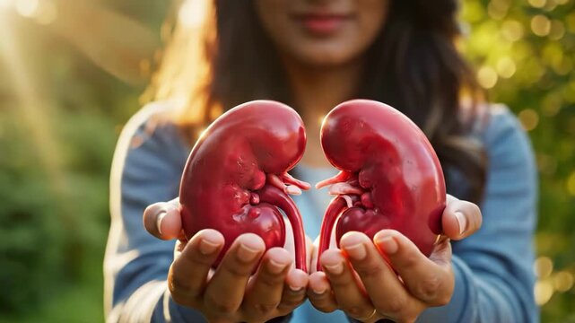Woman holding a pair of realistic human kidney models outdoors