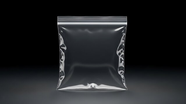 Close-up of a clear plastic zip-top bag on a dark gray surface with black background