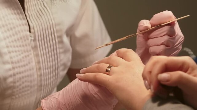 Nail procedure. Salon treatment. Beautician female hands in protective mask gloves filing clients fingernails with professional emery board.