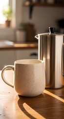Handmade Ceramic Mug Mockup on Wooden Kitchen Counter
