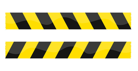 Two strips of wrinkled yellow and black striped caution tape for restricted areas. Isolated on transparent background