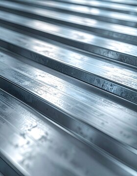 A close-up, abstract view of parallel, reflective metallic ridges with subtle moisture or texture.
