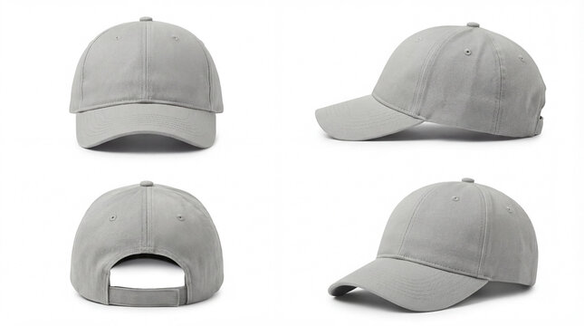 Light gray baseball cap mockup with front view, back view, left view and perspective shot, neutral unbranded headwear isolated on white, versatile visual for corporate branding, fashion prototypes, ec