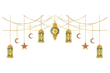 Luxury Ramadan Islamic Decorative Designs, Golden Lanterns, Crescent Moon, Stars and Arabic Calligraphy on White Background