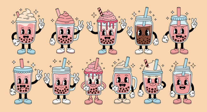 Retro Cartoon Boba Drinks Illustration