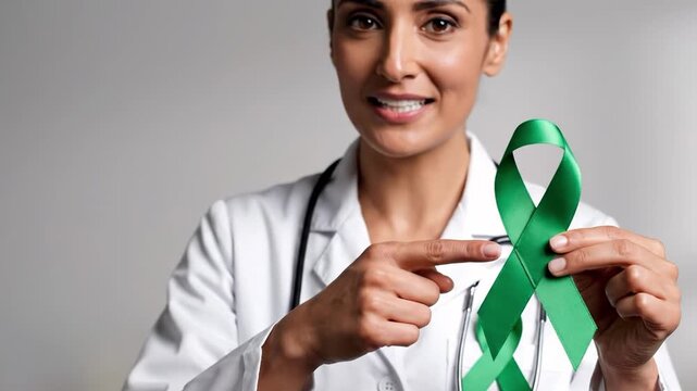 Doctor holding green awareness ribbon for mental health or organ donation awareness