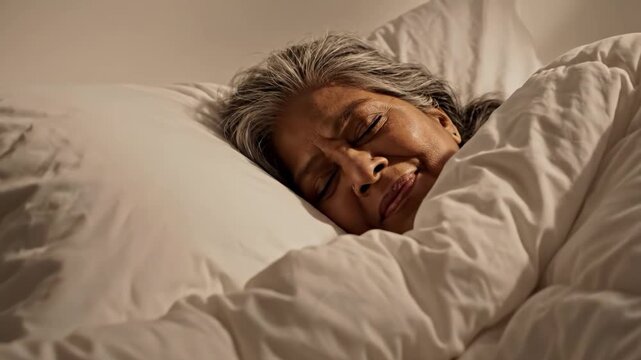 Elderly woman sleeping comfortably under white duvet in bed
