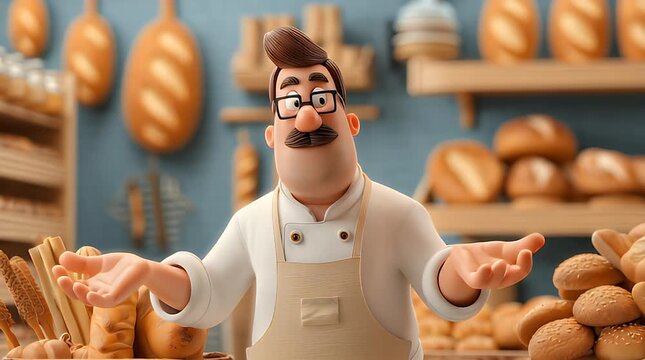 A friendly baker with a welcoming smile and outstretched arms stands behind a counter filled with various types of bread