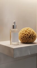 Glass Cosmetic Serum Bottle Mockup on Stone Bathroom Shelf