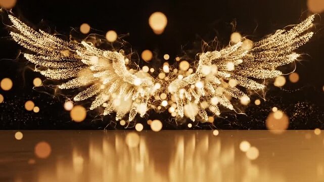 Majestic golden wings glowing with ethereal light and sparkling particles against a dark background.