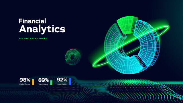 Financial Analytics Concept With Neon Data Chart, Digital Ring Diagram, And Market Metrics For Business Intelligence And Finance Design. Financial Analytics Insights. Vector Illustration.