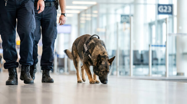 Two security officers walk through an airport terminal with a police dog. The dog is sniffing the ground as people pass by in the background near departure gates.