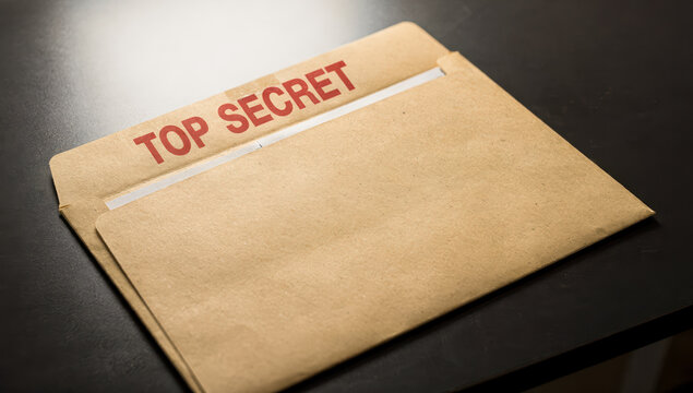 Folder with the words top secret visible on the front placed on a dark surface during daytime in an office setting