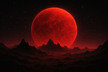 Eerie red moon rising over mountain landscape at night digital surreal environment
